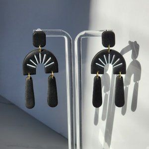 Black Arch White lines Polymer clay earrings handmade Lightweight 2.5"